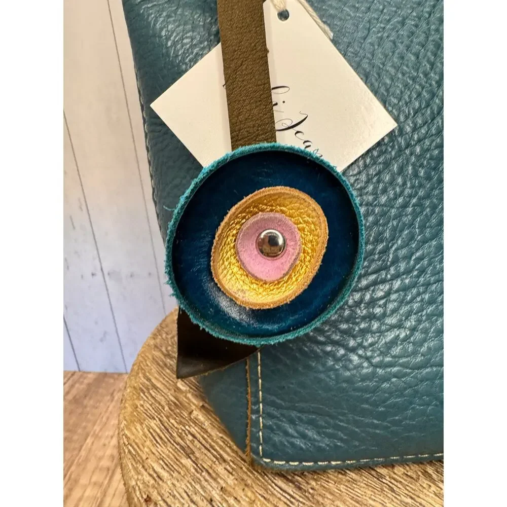 Genuine Leather Round Flower Purse Charm Blue Gold Lavender Boho Bag Charm